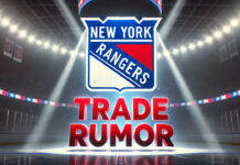 New York Rangers logo with the words trade rumor below the logo on a background of an NHL arena