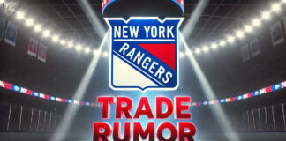 New York Rangers logo with the words trade rumor below the logo on a background of an NHL arena
