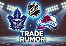 Toronto Maple Leafs and Colorado Avalanche logos with the words trade rumor below the logos