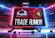 Colorado Avalanche and Ottawa Senators logo with the words trade rumor below the logos on an NHL scoreboard