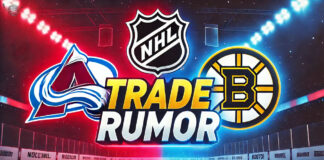Colorado Avalanche and Boston Bruins logos with the words trade rumor between the logos
