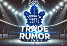 Toronto Maple Leafs logo with the words trade rumor below the logo with spotlights in the background on an NHL arena
