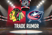 Chicago Blackhawks and Columbus Blue Jackets logos set against the backdrop of an NHL arena, with dramatic spotlights highlighting the logo in a widescreen format.