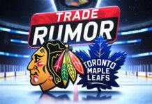 Chicago Blackhawks and Toronto Maple Leafs logos with the words trade rumor above the logos