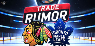 Chicago Blackhawks and Toronto Maple Leafs logos with the words trade rumor above the logos