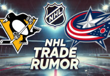 Pittsburgh Penguins and Columbus Blue Jackets logos with the words NHL trade rumor below the logos