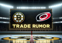 Boston Bruins and Carolina Hurricanes logos with the words trade rumor below the logos