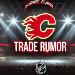 Calgary Flames Reportedly Shopping Nazem Kadri: What’s Next for the Veteran Center? Vibrant NHL arena with spotlights and cheering fans with the Calgary Flames logo and the words trade rumor below the logo