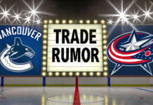 Vancouver Canucks and Columbus Blue Jackets logos with the words trade rumor between the logos