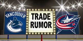 Vancouver Canucks and Columbus Blue Jackets logos with the words trade rumor between the logos