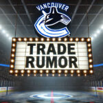 Vancouver Canucks Targeting Jake Guentzel in NHL Free Agency Vancouver Canucks logo above a marquee-style 'Trade Rumor' sign in an ice hockey rink with dramatic lighting and spotlights. The background features a darkened arena with subtle details and ambient lights.