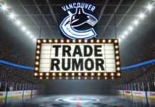 Vancouver Canucks logo above a marquee-style 'Trade Rumor' sign in an ice hockey rink with dramatic lighting and spotlights. The background features a darkened arena with subtle details and ambient lights.