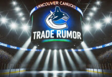 Vancouver Canucks logo with the words trade rumor below the logo on an NHL scoreboard