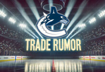 Vancouver Canucks logo with the words trade rumor below the logo with an NHL rink as the background
