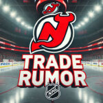 Exploring the Buzz Around Brett Pesce Joining the New Jersey Devils New Jersey Devils logo with the words trade rumor below the logo with the background of an NHL rink
