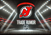 New Jersey Devils logo with the words trade rumor below the logo