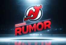 New Jersey Devils logo with the words trade rumor below the logo on an NHL ice rink.