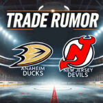 Ducks-Devils Trade Talks Heat Up: Is a Gibson-Zegras Blockbuster Imminent? Anaheim Ducks, New Jersey Devils logos with the words trade rumor below the logos