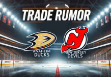 Anaheim Ducks, New Jersey Devils logos with the words trade rumor below the logos
