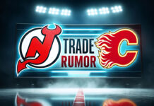 New Jersey Devils and Calgary Flames logo with the words trade rumor between the logos