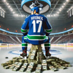 Vancouver Canucks Secure Filip Hronek with 8-Year Extension | NHL News Vancouver Canucks defenseman Filip Hronek sitting on a stack on money celebrating his new contract extension