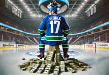 Vancouver Canucks defenseman Filip Hronek sitting on a stack on money celebrating his new contract extension