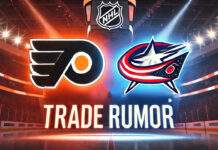 Philadelphia Flyers and Columbus Blue Jackets logos with the words trade rumor below the logos spotlighted in an NHL arena background