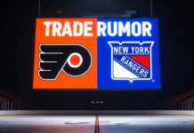 Phialdephia Flyers and New York Rangers logos with the words trade rumor above the logos