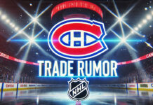 Montreal Canadiens logo with the words 'Trade Rumor' below, set against an NHL arena background with spotlights, depicting hockey trade news.