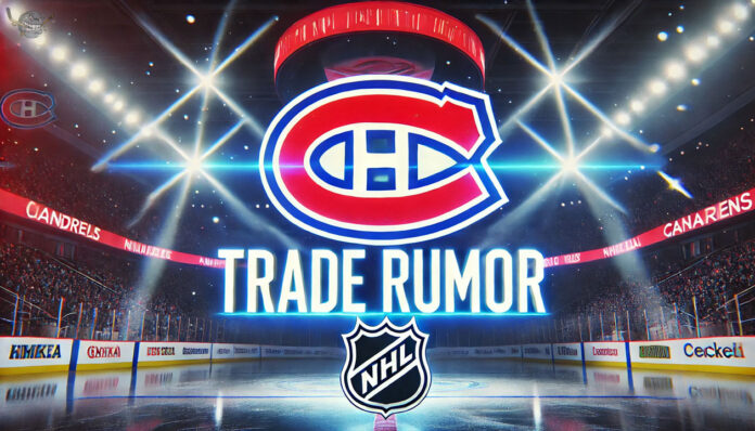 Could Montreal Trade Up for a Top 4 Pick? Montreal Canadiens logo with the words 'Trade Rumor' below, set against an NHL arena background with spotlights, depicting hockey trade news.