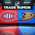 Montreal Canadiens, Anaheim Ducks logo with the words trade rumor above the logos with the background on an NHL rink