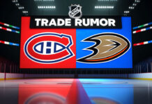 Montreal Canadiens, Anaheim Ducks logo with the words trade rumor above the logos with the background on an NHL rink