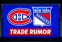 Montreal Canadiens and New York Rangers logo with the words trade rumor below the logos