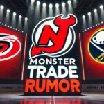 Martin Necas Trade Watch: Sabres and Devils Lead the Pack Carolina Hurricanes, New Jersey Devils and Buffalo Sabres logo with the words monster trade rumor below the logos