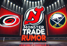 Carolina Hurricanes, New Jersey Devils and Buffalo Sabres logo with the words monster trade rumor below the logos