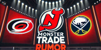 Carolina Hurricanes, New Jersey Devils and Buffalo Sabres logo with the words monster trade rumor below the logos