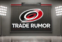 Carolina Hurricanes logo with the words trade rumor below the logo.