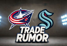 Columbus Blue Jackets and Seattle Kraken logo with the words trade rumor below the logos