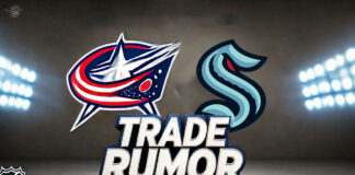 Columbus Blue Jackets and Seattle Kraken logo with the words trade rumor below the logos