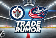 Winnipeg Jets and Columbus Blue Jackets logo with the words trade rumor below the logos