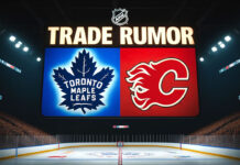 Toronto Maple Leafs and Calgary Flames logo with the words trade rumor above the logos.
