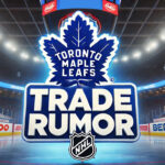Mitch Marner on the Move? Leafs Reportedly Have No Interest in Extending Star Winger Toronto Maple Leafs logo with the words trade rumor below the logo and the background of an NHL rink