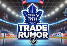 Toronto Maple Leafs logo with the words trade rumor below the logo and the background of an NHL rink