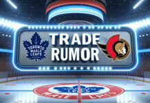Toronto Maple Leafs and Ottawa Senators logo with the words trade rumor between the logos on a scoreboard