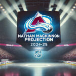 Nathan MacKinnon’s 2024-2025 NHL Season: A Fantasy Powerhouse Colorado Avalanche logo with the words Nathan MacKinnon points projection 2024-25 below the logo