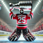 Devils Acquire Goalie Markstrom in Blockbuster Trade with Flames Jacob Markstrom in New Jersey Devils Jersey holding the Stanley Cup above his head