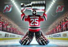 Jacob Markstrom in New Jersey Devils Jersey holding the Stanley Cup above his head