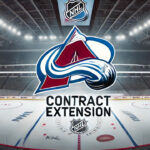 Avalanche Lock Up Mittelstadt with 3-Year, $17.25M Extension | NHL Trade Rumors Colorado Avalanche logo with the words contract extension below the logo for Casey Mittelstadt