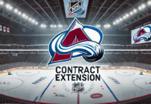 Colorado Avalanche logo with the words contract extension below the logo for Casey Mittelstadt