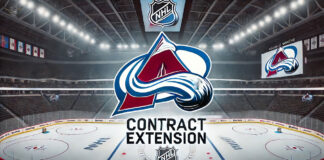 Colorado Avalanche logo with the words contract extension below the logo for Casey Mittelstadt